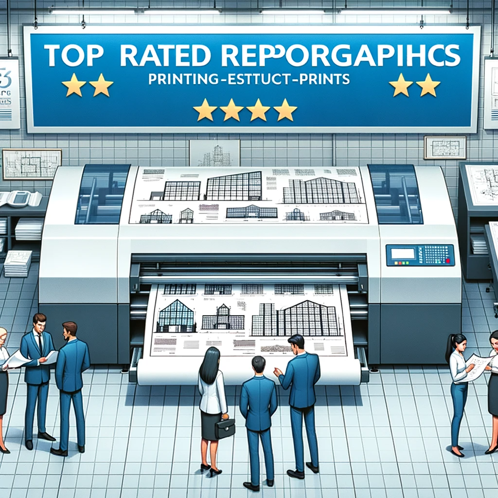  Professional team reviewing architectural blueprints at a top-rated reprographics printing station.