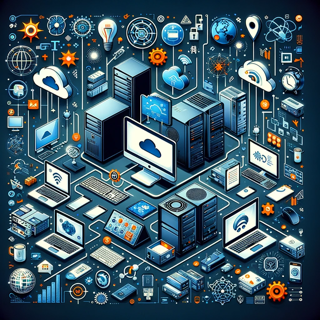 A network of technological devices and IT service icons showcasing comprehensive managed IT services.