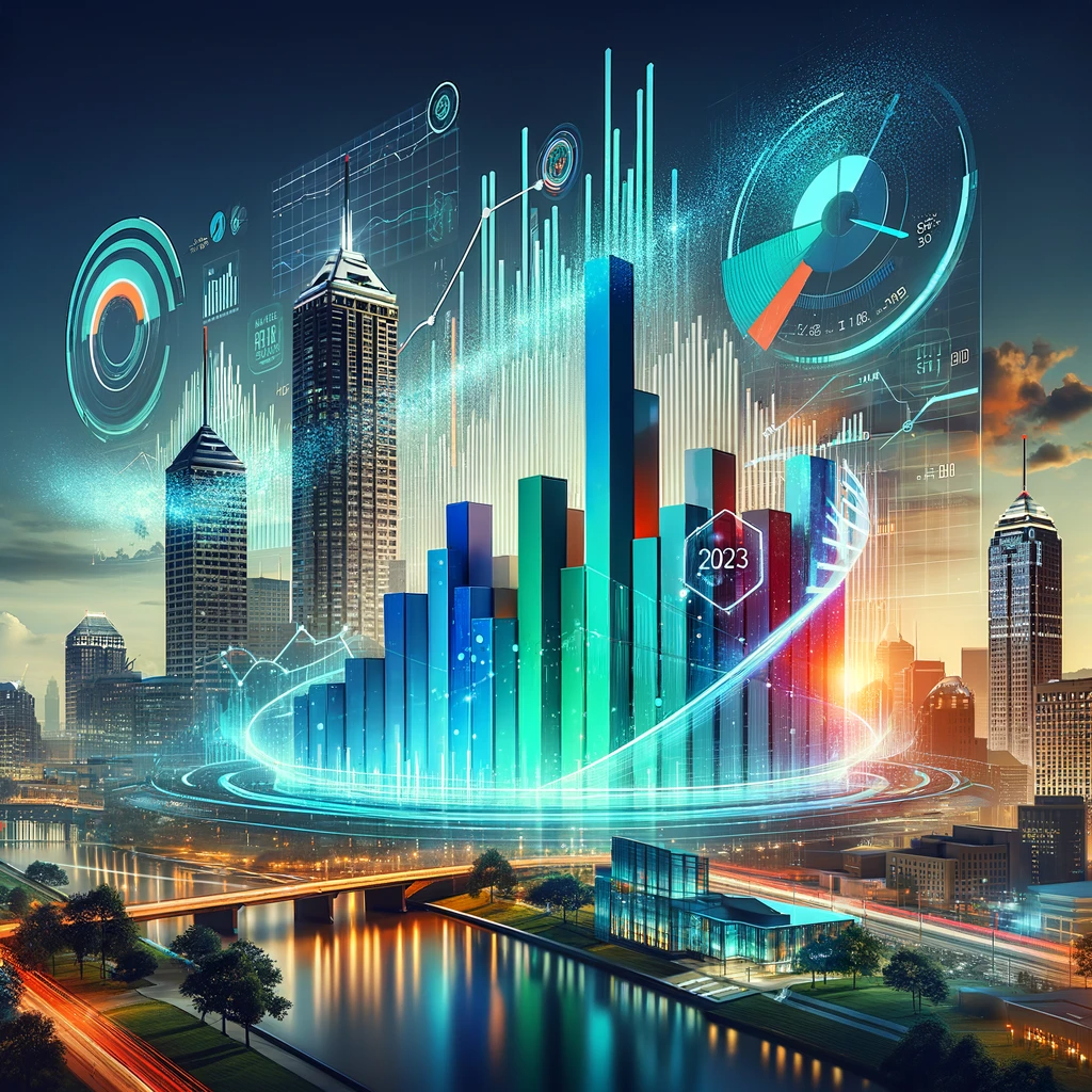 A futuristic image featuring a vibrant 3D chart with interactive digital elements, set against the Indianapolis skyline, symbolizing the top digital marketing agencies in 2023.